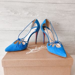 CHRISTIAN LOUBOUTIN Blue Suede Strappy Pointy Toe Pumps High heels